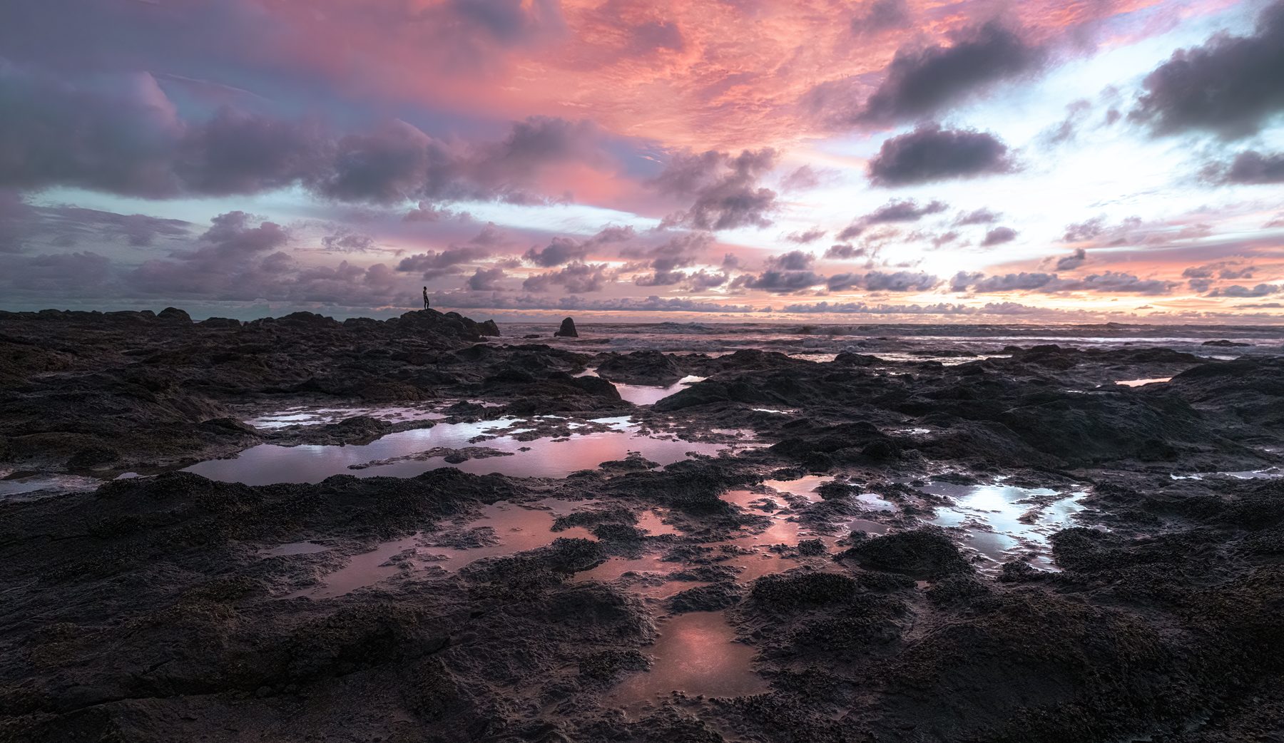 Tide pools under a violet and pink dusk sky